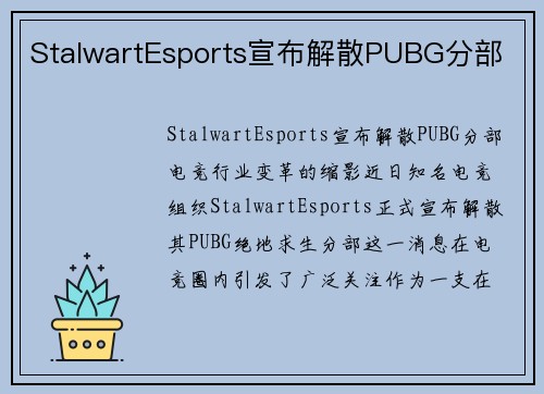 StalwartEsports宣布解散PUBG分部